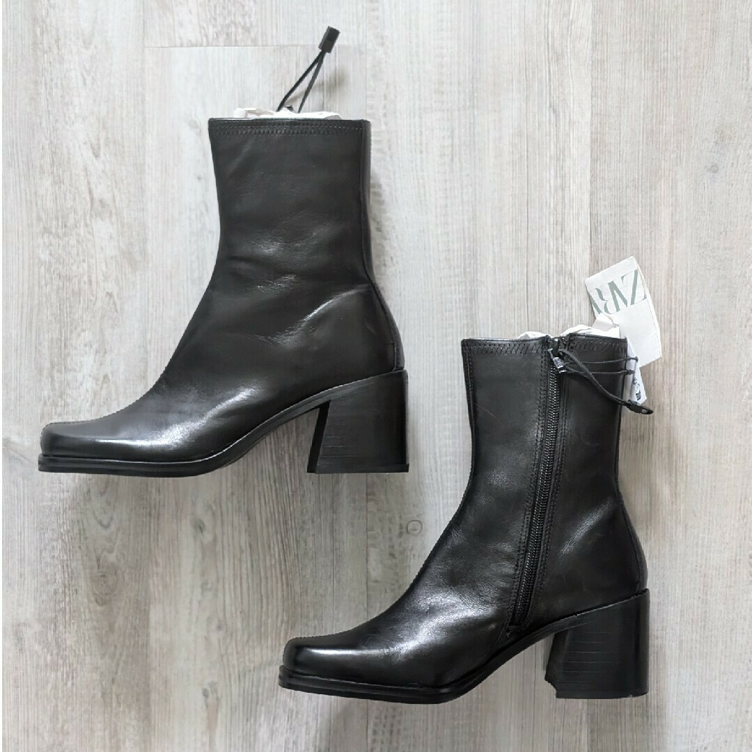 ZARA - ZARA レザーヒール アンクルブーツ 36サイズ ブラックの ZARA - ZARA レザーヒール アンクルブーツ 36サイズ ブラックの