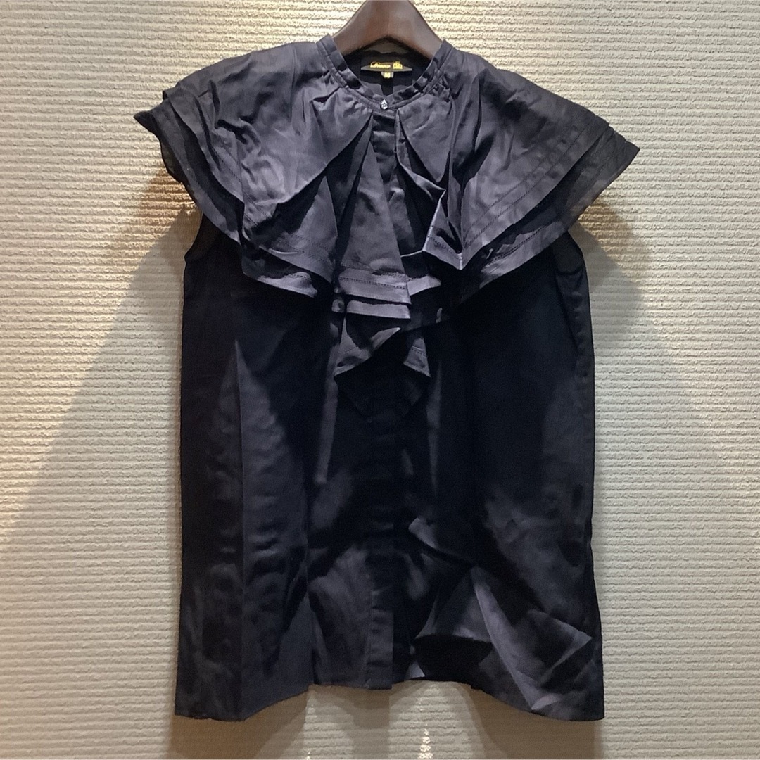 Drawer - 美品 Drawer ドゥロワー コットンボイルフリルノースリーブブラウス 紺
