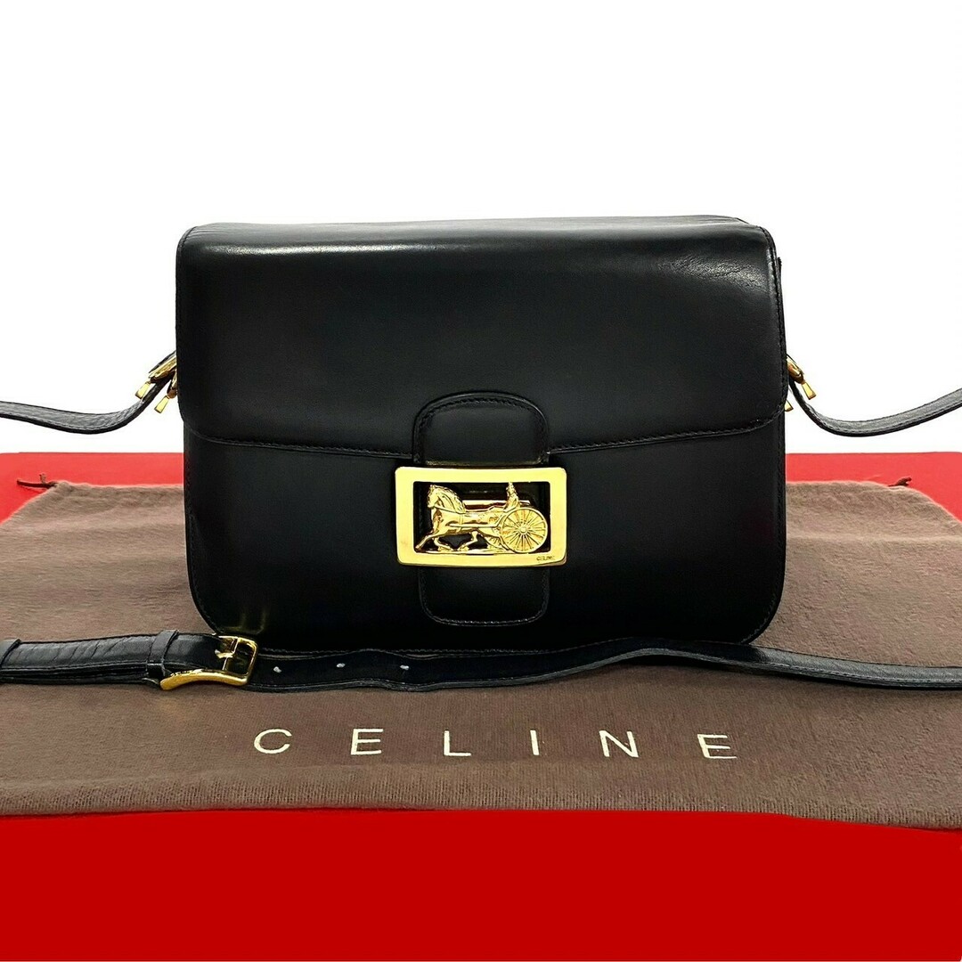 CELINE - 極 美品 CELINE セリーヌ ヴィンテージ ロゴ 馬車金具 カーフ レザー 本革 ショルダーバッグ ポシェット サコッシュ ブラック 48172