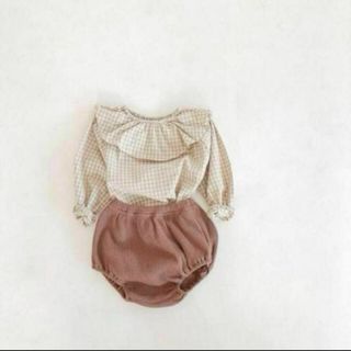 ★0145 チェック柄シャツ かぼちゃパンツセット ブラウン 子供服 韓国(ロンパース)