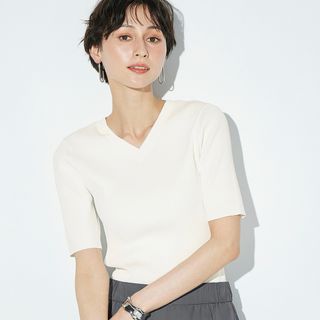 プラステ(PLST)のPLST UVカットレーヨンブレンド2WAYセーター 5分袖ニット ホワイト 白(ニット/セーター)