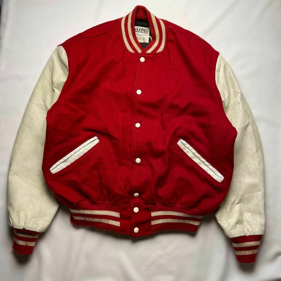 90sUSA製デロングレタードスタジャン古着赤レッド刺繍ワッペン 90sUSA製デロングレタードスタジャン古着赤レッド刺繍ワッペン