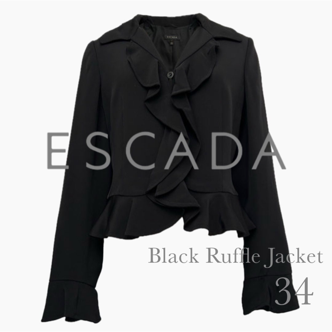 美品 ESCADA エスカーダ ブラック フリル ジャケット シルク100 美品 ESCADA エスカーダ ブラック フリル ジャケット シルク100
