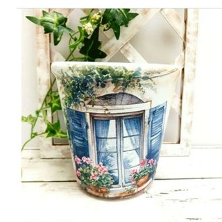 デコパージュꔛ‬ꕤ  ガーデン雑貨 *リメイク鉢 4号 *薔薇 ブルー *窓(プランター)