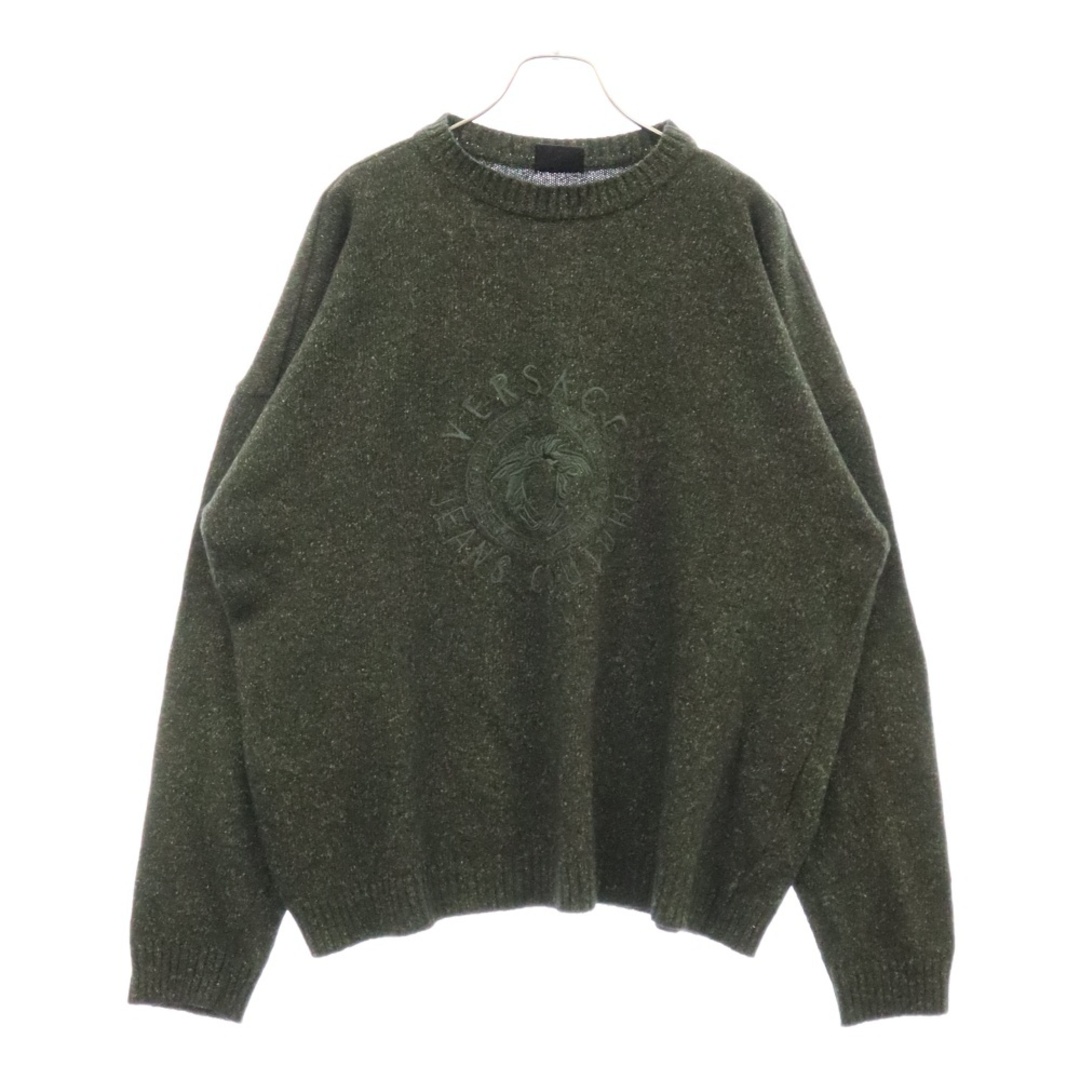 VERSACE JEANS COUTURE ヴェルサーチジーンズクチュール 90S メデューサ ロゴ 刺繍 クルーネック ニット セーター グリーン