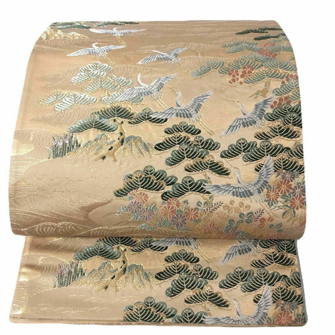 MO-3095 袋帯 羽ばたく鶴の群れ 松林 金銀糸 白茶色 - 着物 MO-3095 袋帯 羽ばたく鶴の群れ 松林 金銀糸 白茶色 - 着物