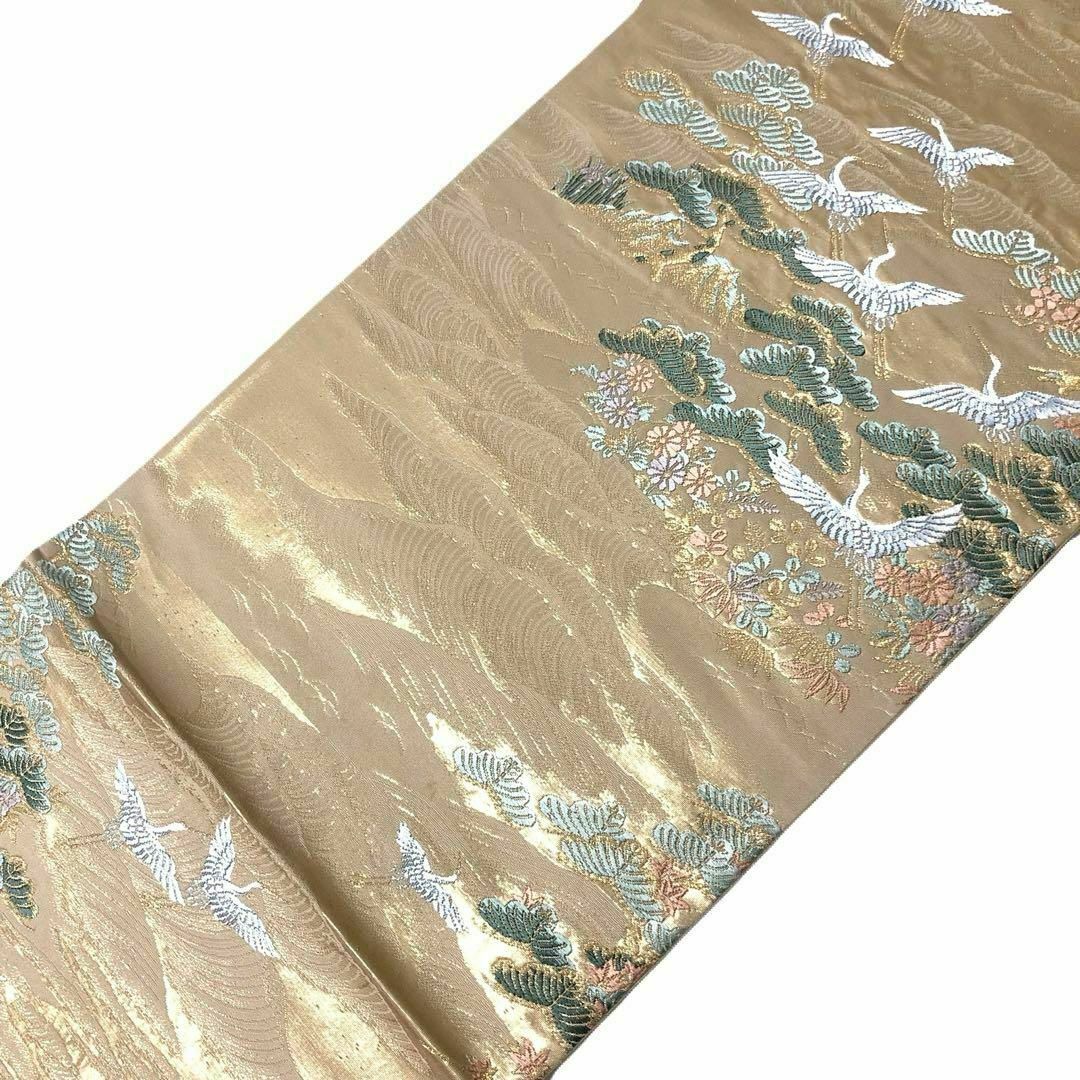 MO-3095 袋帯 羽ばたく鶴の群れ 松林 金銀糸 白茶色 - 着物 MO-3095 袋帯 羽ばたく鶴の群れ 松林 金銀糸 白茶色 - 着物