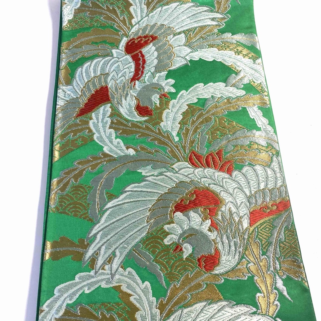 4r83 袋帯 唐織 鳳凰 緑 金色 銀色 赤 柄物 和装 着物 4r83 袋帯 唐織 鳳凰 緑 金色 銀色 赤 柄物 和装 着物