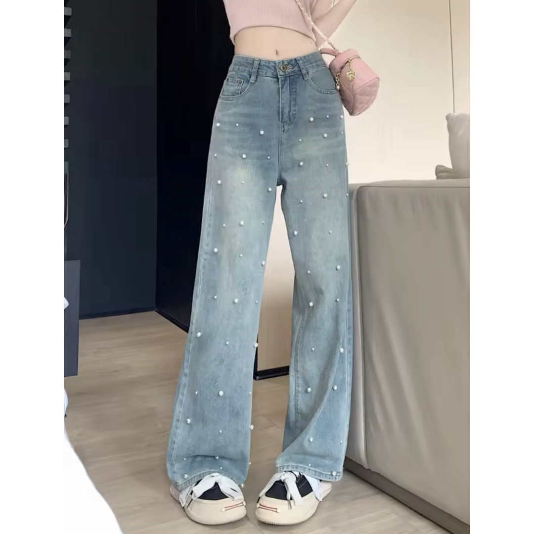 パール装飾付きライトブルーデニムワイドレッグパンツ 可愛い パール装飾付きライトブルーデニムワイドレッグパンツ 可愛い