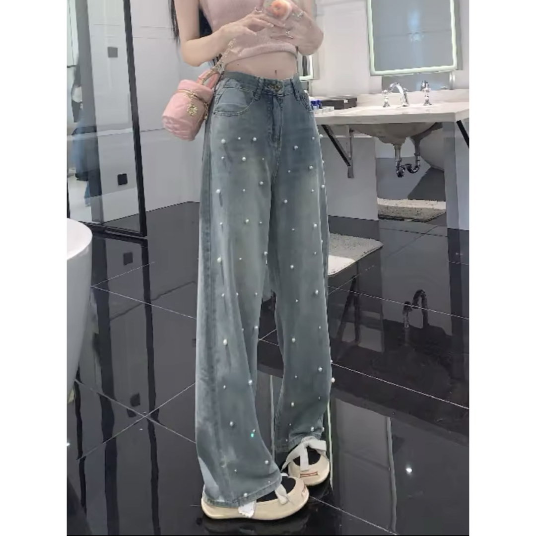パール装飾付きライトブルーデニムワイドレッグパンツ 可愛い パール装飾付きライトブルーデニムワイドレッグパンツ 可愛い