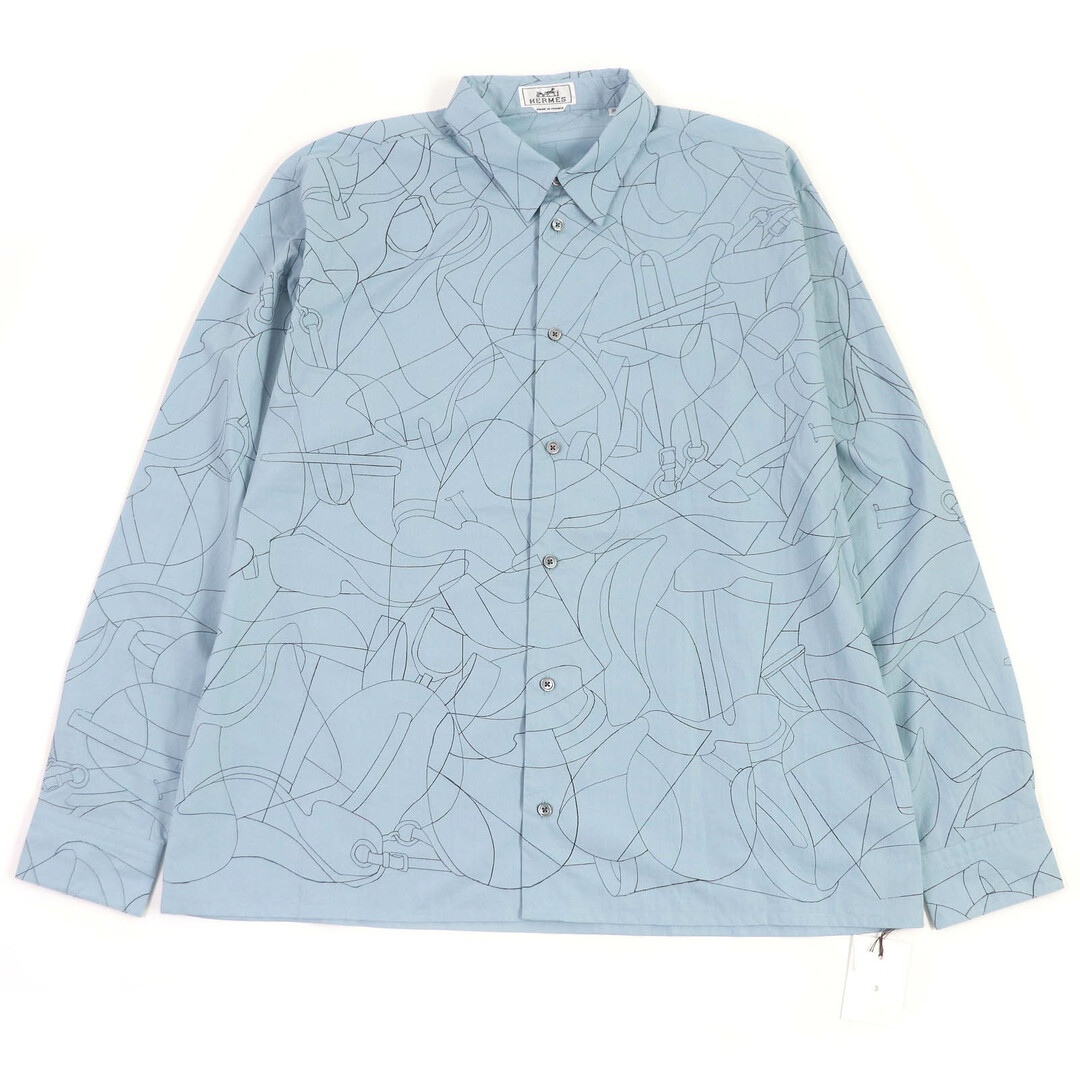 HERMES - 未使用品□HERMES エルメス 24SS Selles en Fragments Finesse コットン100％ セリエボタン 長袖 スポーティーシャツ シエル・クーヴェル 44 フランス製 正規品 メンズ