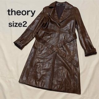 Theory - レディースM レザー ロングコート 羊 本革 ラム 茶 Theory - レディースM レザー ロングコート 羊 本革 ラム 茶