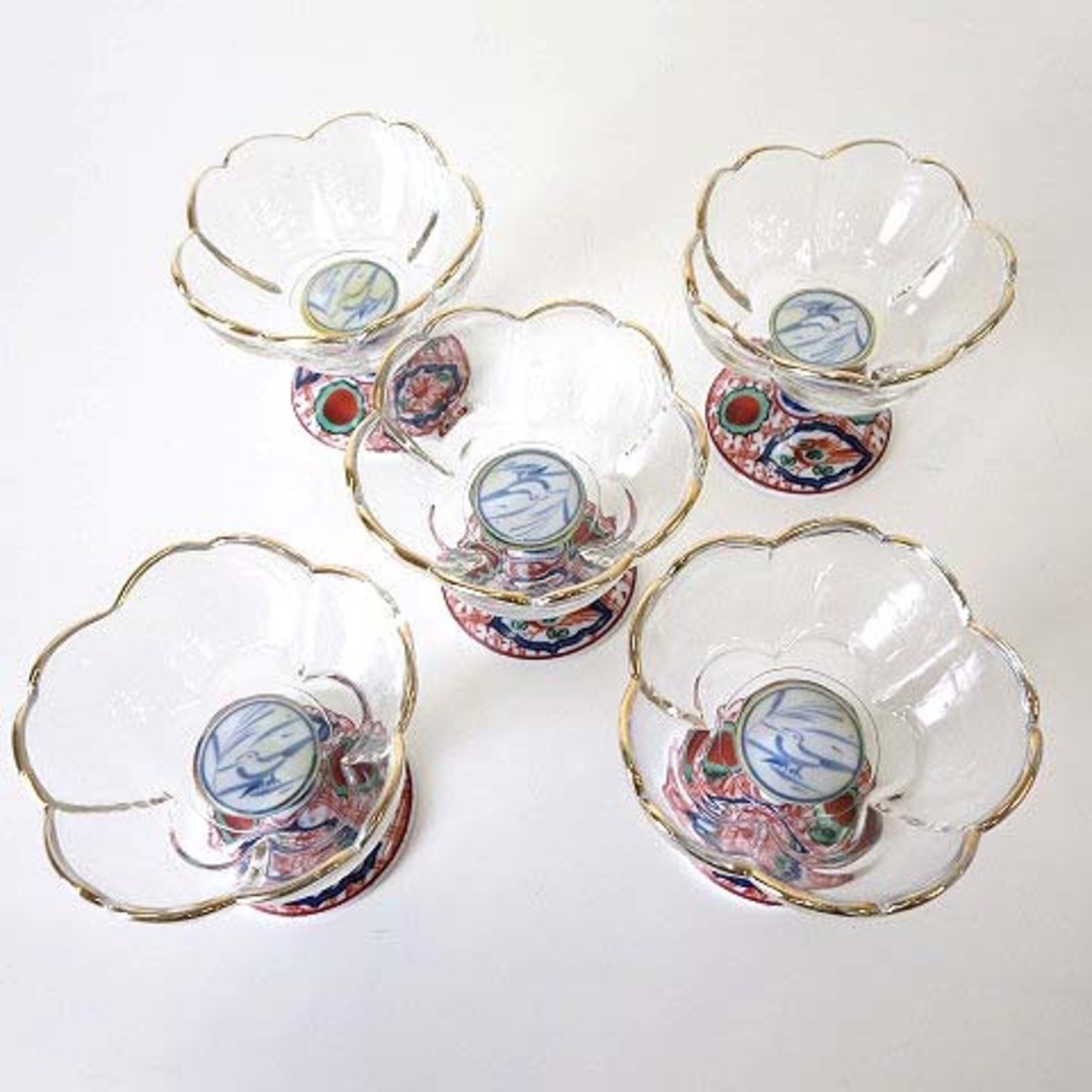 三洋陶器 龍峰窯 つみき 赤絵花鳥 ガラスデザートカップ 鉢揃 三洋陶器 龍峰窯 つみき 赤絵花鳥 ガラスデザートカップ 鉢揃