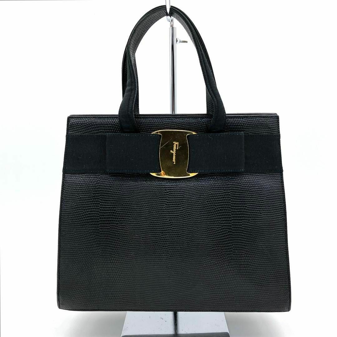 希少リザード型押【Salvatore Ferragamo】ハンドバッグ ブラック 希少リザード型押【Salvatore Ferragamo】ハンドバッグ ブラック