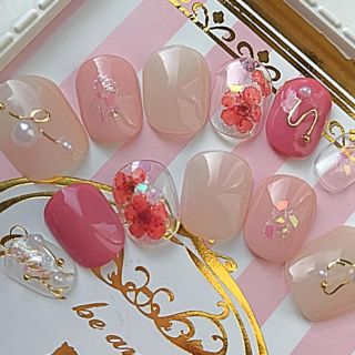 ♥本物のお花♥ 押し花ネイル♡ ワイヤーアート♡ いちごジャム色♡