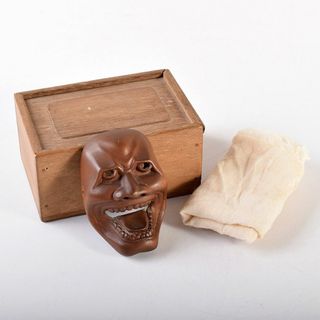 時代提げ物　有田作　能面　能楽　雅楽　木彫　面根付　時代箱付　M　R7872(彫刻/オブジェ)