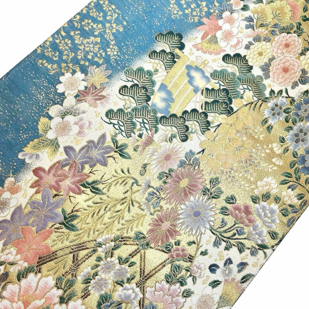 袋帯 竹垣に四季の花模様 船 金糸 藍砥茶色 O-4140 袋帯 竹垣に四季の花模様 船 金糸 藍砥茶色 O-4140
