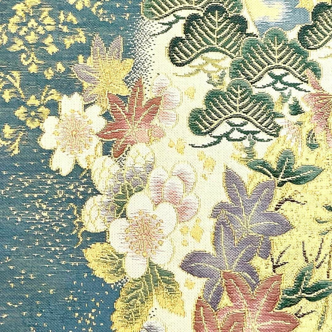 袋帯 竹垣に四季の花模様 船 金糸 藍砥茶色 O-4140 袋帯 竹垣に四季の花模様 船 金糸 藍砥茶色 O-4140