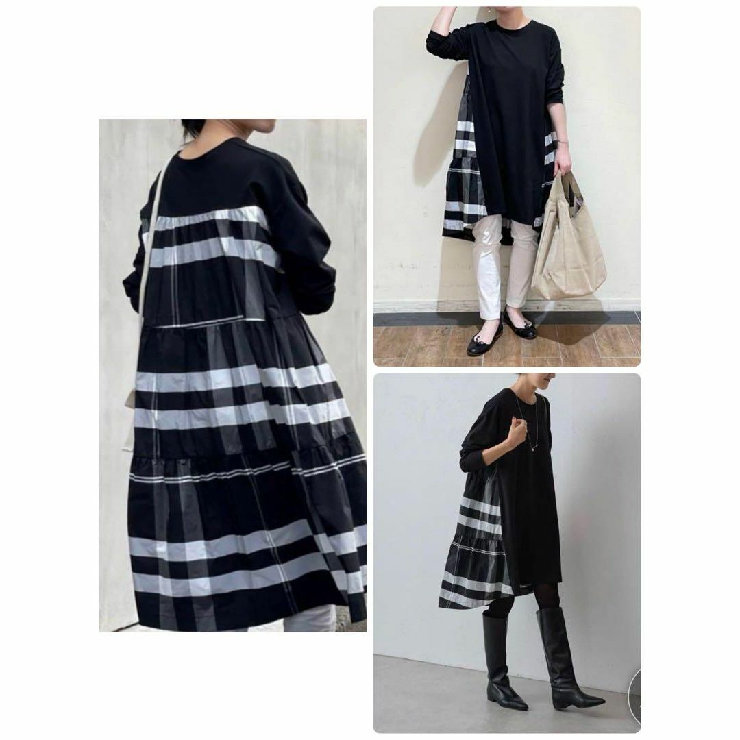 【美品】ビアズリー　後ろタフタビッグチェックチュニックワンピース　ブラック　F ビアズリー 後ろタフタビッグチェックチュニックワンピース