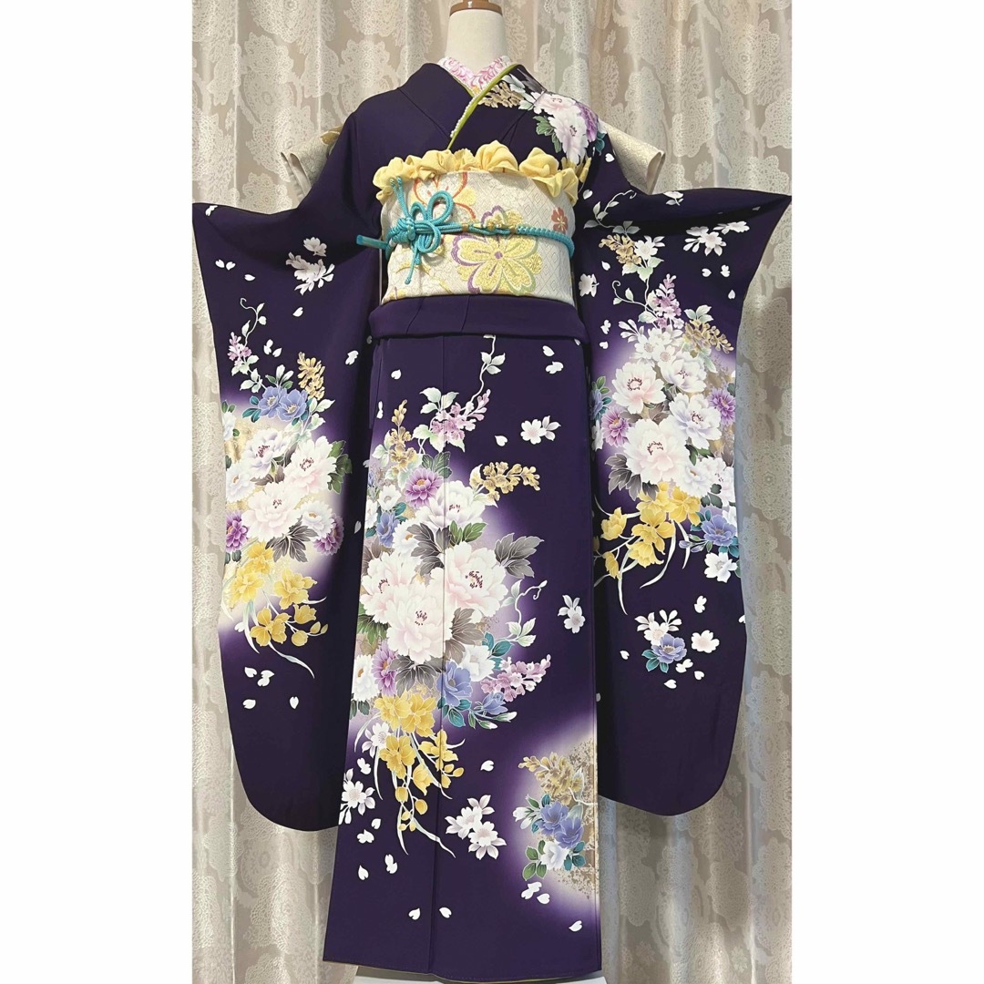 上質正絹 振袖フルセット 成人式 暗紫 黒紫 深紫 花柄 振り袖 上質正絹 振袖フルセット 成人式 暗紫 黒紫 深紫 花柄 振り袖