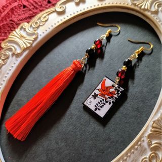 【和風】花札＆タッセルピアス（イヤリング）（藤）【着物】【袴】(ピアス)