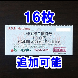 ユナイテッドスーパーマーケット 株主優待券 100円券 16枚 + OPP袋1枚(カードサプライ/アクセサリ)