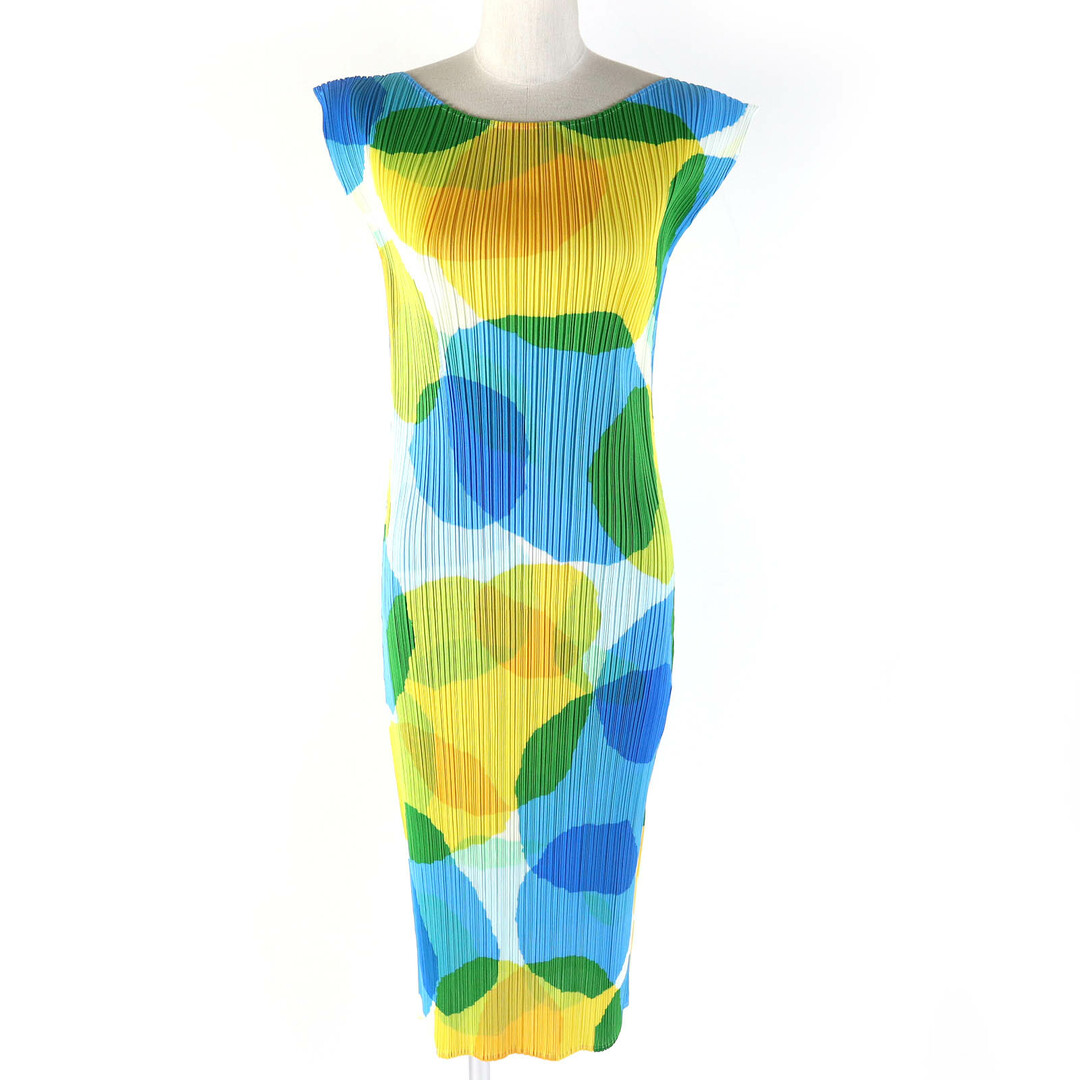 極美品△PLEATS PLEASE プリーツプリーズ イッセイミヤケ PP81-JH715 水玉 総柄 circle bubble ノースリーブ ロング ワンピース ブルー イエロー マルチカラー 3 日本製 正規品 レディース オススメ◎