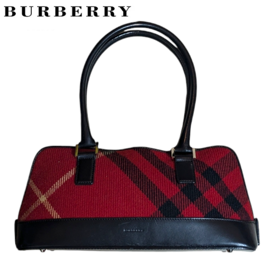 BURBERRY レッド チェック レザー ハンドバッグ