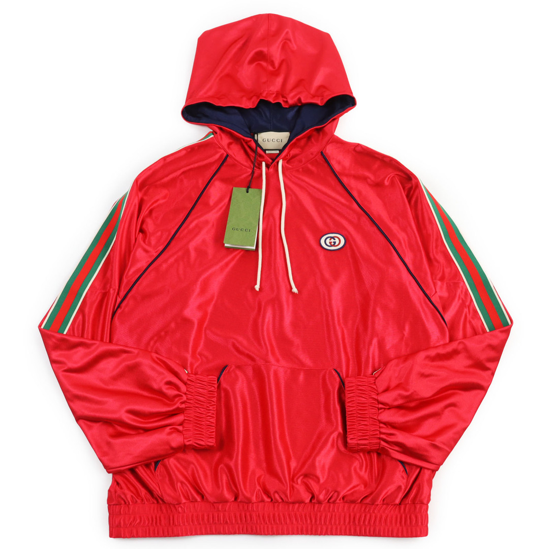 GUCCI - 極美品●GUCCI グッチ 21AW 653373 サイドウェブライン インターロッキングGロゴワッペン・フード付シャイニージャージー プルオーバーパーカー レッド M イタリア製 正規品 メンズ