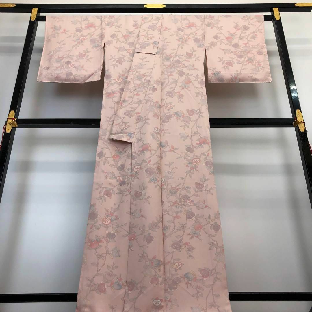 MK-1116 単衣 小紋 鮮やかな橘の花模様 しつけ糸 薄桃色 MK-1116 単衣 小紋 鮮やかな橘の花模様 しつけ糸 薄桃色