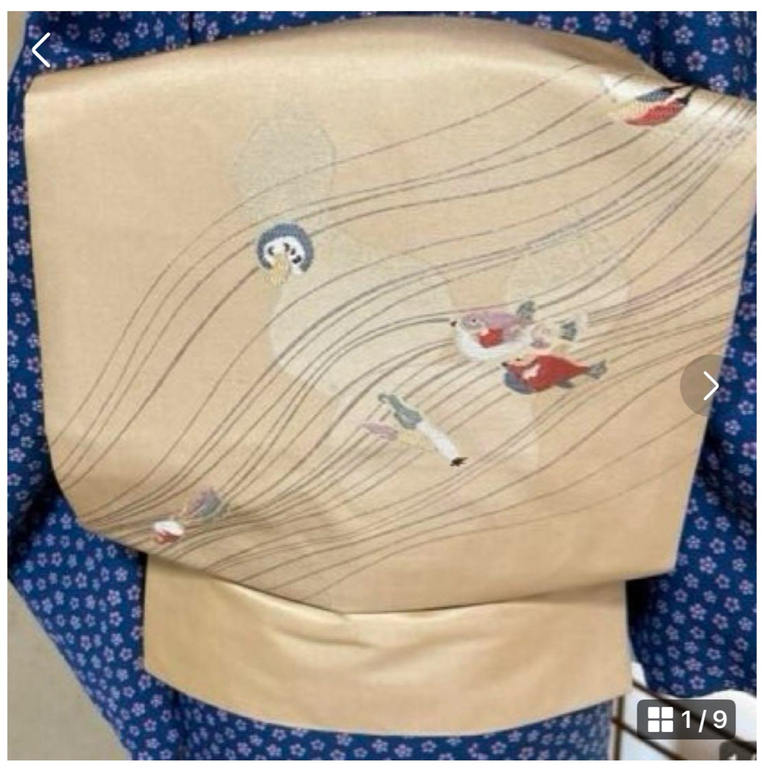 未使用近い 美品 名古屋帯 正絹 刺繍 魚 野菜 秋帯 未使用近い 美品 名古屋帯 正絹 刺繍 魚 野菜 秋帯