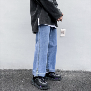 レディース ストリート ワイド デニム パンツ ジーンズ ロールアップ ブルー(デニム/ジーンズ)