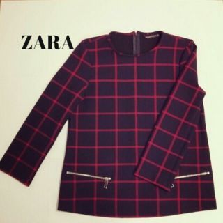 ザラ(ZARA)のZARA チェックトップス ネイビー M(カットソー(長袖/七分))