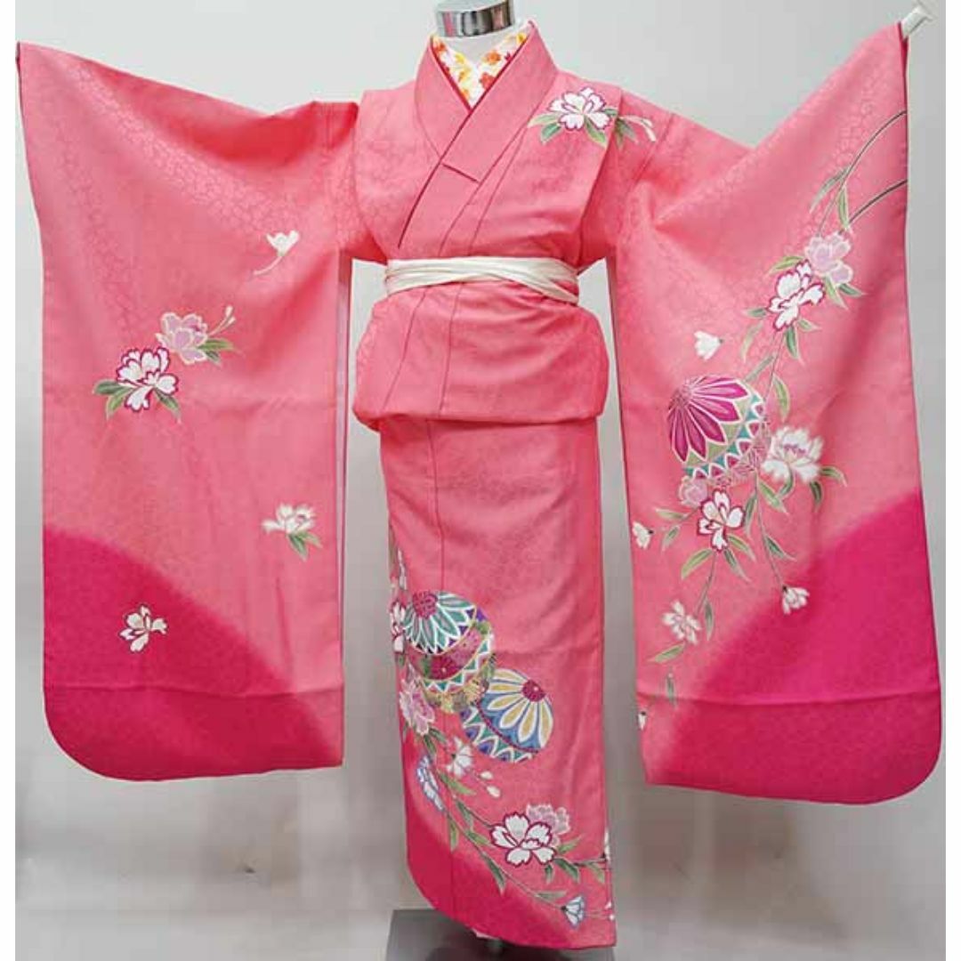 七歳 女児 着物と長襦袢セット サーモンピンク 刺繍入り半襟付き NO41052
