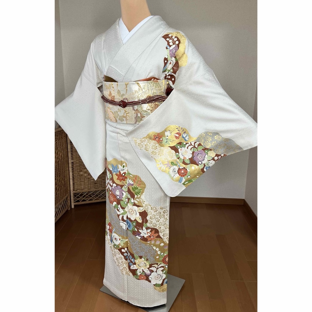 クリームオレンジ辻ケ花訪問着と袋帯・帯揚げ帯締めの4点フルセット