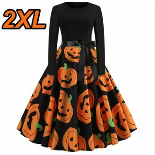 aハロウィン・コスプレ・レディース・かぼちゃワンピース・スカート・黒2XL(ひざ丈ワンピース)
