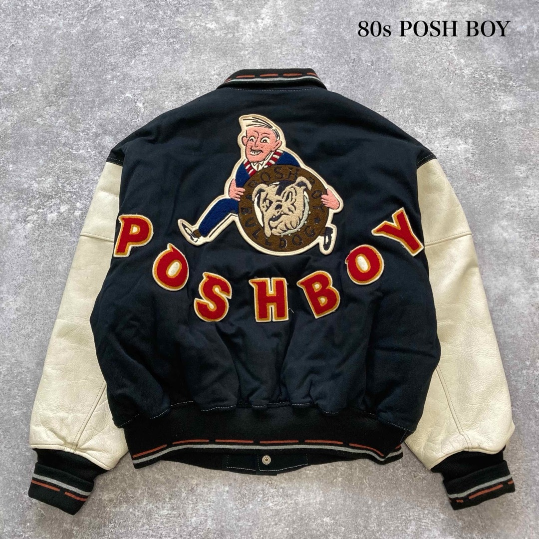 POSH BOY】 ポッシュボーイ スタジャン ワッペン刺繍 袖レザー 80s POSH BOY】 ポッシュボーイ スタジャン ワッペン刺繍 袖レザー 80s