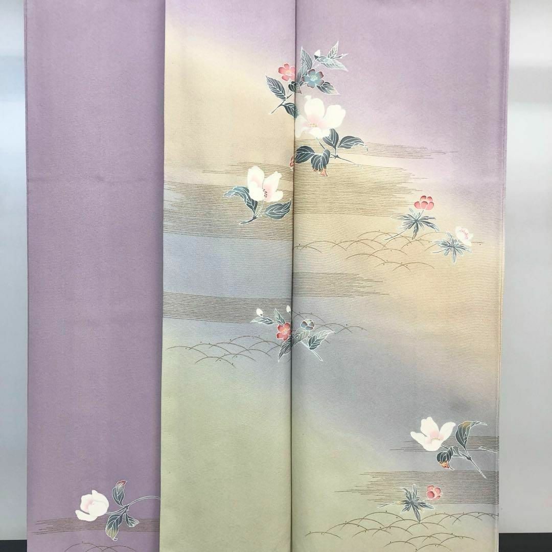 MK-1155 付下げ 暈し 手描き友禅 花模様 露芝 霞 金彩 薄紫色 MK-1155 付下げ 暈し 手描き友禅 花模様 露芝 霞 金彩 薄紫色
