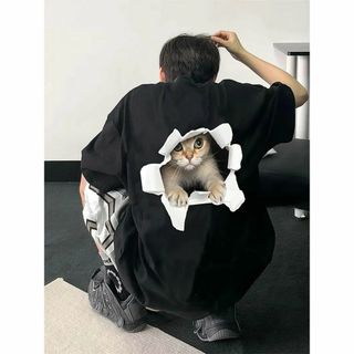 猫のイラスト Tシャツ 黒 半袖 Lサイズ メンズカジュアルコットンTシャツ(Tシャツ/カットソー(半袖/袖なし))