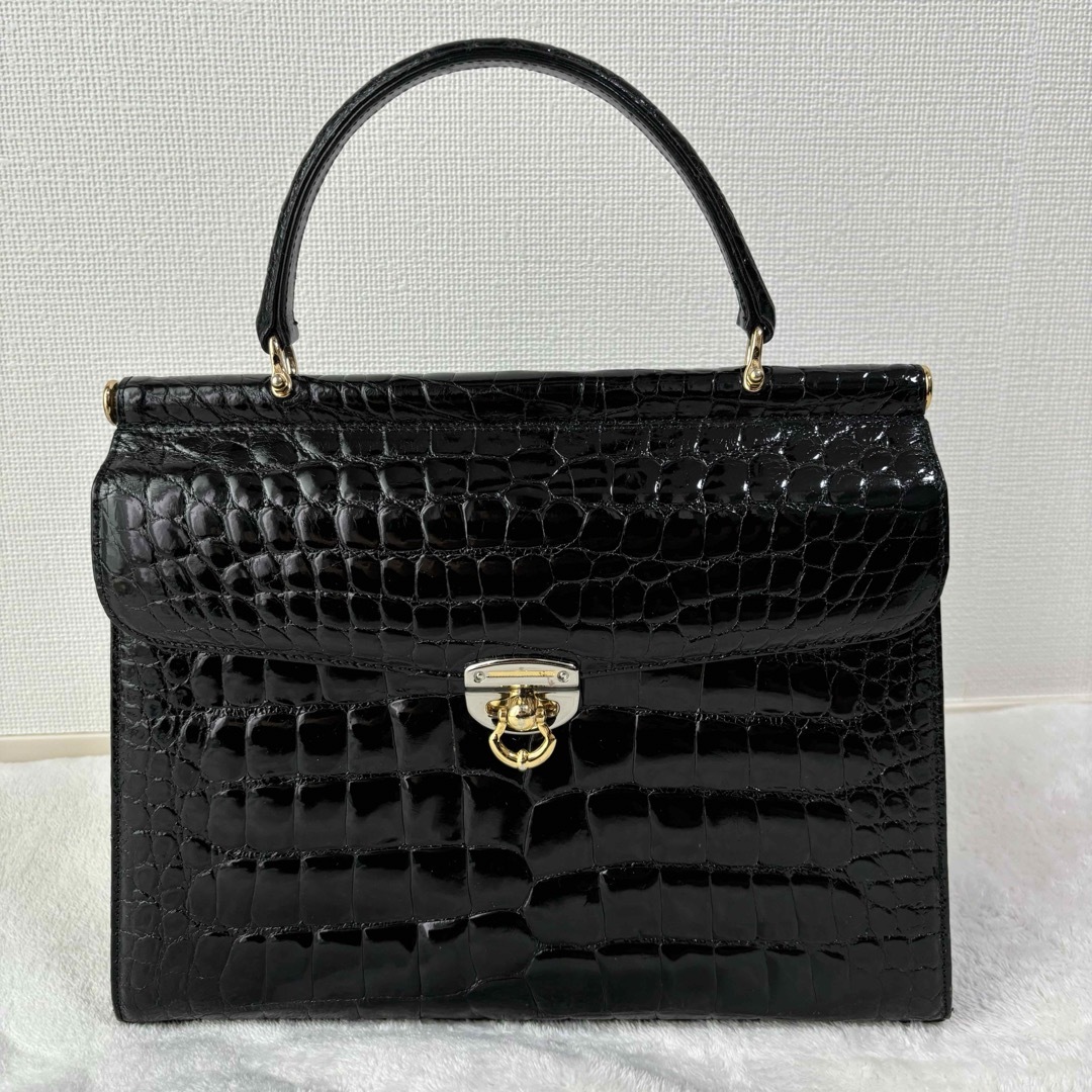 ✨美品✨JRA クロコ ワニ革 ハンドバッグ レザー 黒 日本製 全爬協 ✨美品✨JRA クロコ ワニ革 ハンドバッグ レザー 黒 日本製 全爬協