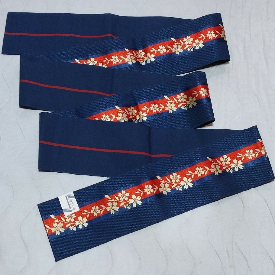 新品 半幅帯 リバーシブル 紺×朱赤 桜 踊り帯 舞踊 日本舞踊 新品 半幅帯 リバーシブル 紺×朱赤 桜 踊り帯 舞踊 日本舞踊