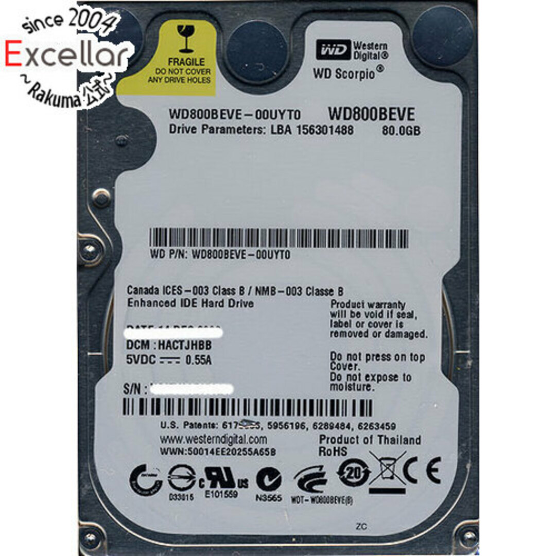 Western Digital(ウエスタンデジタル)のWesternDigital HDD 2.5inch WD800BEVE 80GB 9.5mm スマホ/家電/カメラのPC/タブレット(PC周辺機器)の商品写真