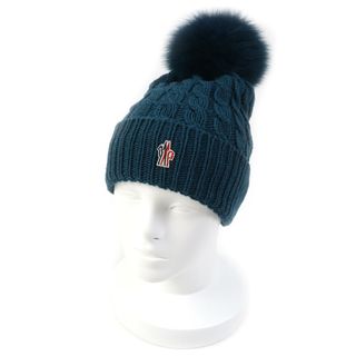 未使用品△MONCLER GRENOBLE モンクレール グルノーブル APRES-SKI BERRETTO ウール100％ フォックスファー付き ビーニー ニットキャップ ニット帽 ブルー系 イタリア製 正規品 レディース 大人気 オススメ◎(ニット帽/ビーニー)