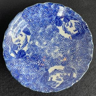 古伊万里 染付 中深皿 直径18cm 花文 山水 窓絵 骨董 アンティーク(陶芸)