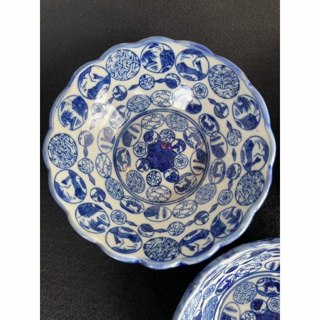 染付 中鉢 ３個セット 厚手 窓絵 波型リム 骨董 古道具 アンティーク 染付 中鉢 3個セット 厚手 窓絵 波型リム 骨董 古道具 アンティーク