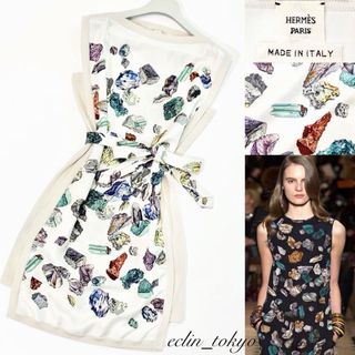 エルメス(HERMES)のHERMES ベルト付 シルク カレ ツイルレーヌ ワンピース ニットE3165(ひざ丈ワンピース)