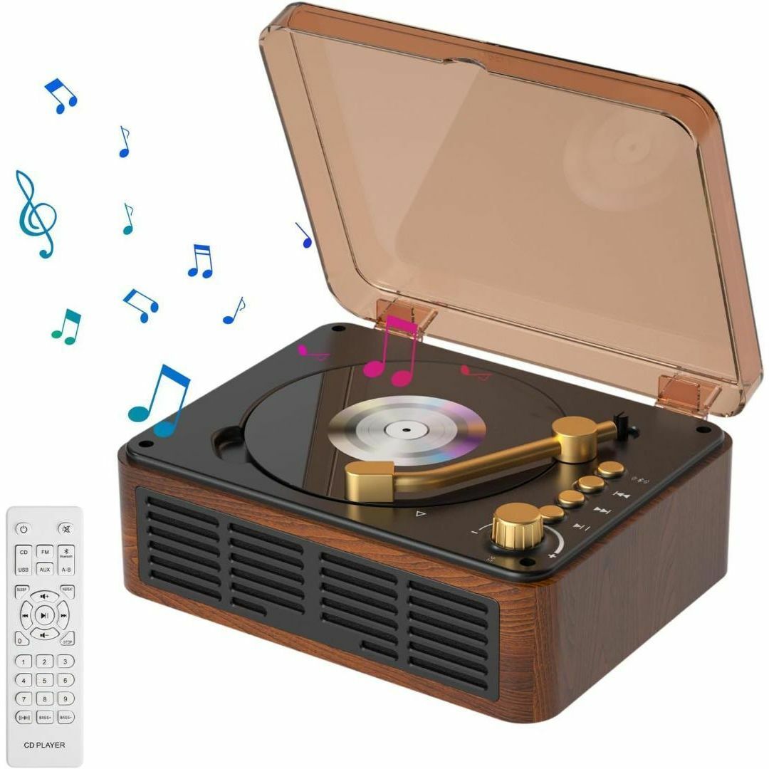 CDプレーヤー レトロ Bluetooth ステレオスピーカー FMラジオ