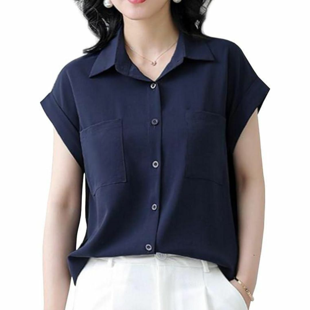 シャツ レディース 半袖 夏 ブラウス 薄手 トップス XL レディースのトップス(シャツ/ブラウス(半袖/袖なし))の商品写真