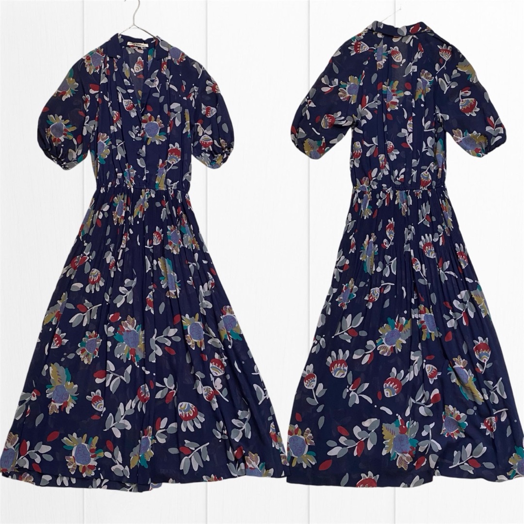 昭和レトロ 濃紺 花柄 金魚柄 ワンピース 総柄 シフォン 前開き 昭和レトロ 濃紺 花柄 金魚柄 ワンピース 総柄 シフォン 前開き