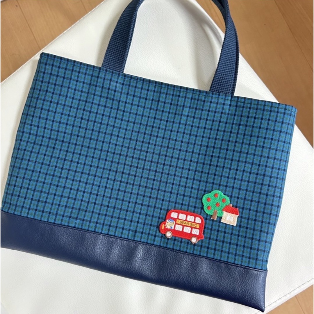 レッスンバッグ♡青チェック♡ファミリアワッペン♡ハンドバッグ レッスンバッグ♡青チェック♡ファミリアワッペン♡ハンドバッグ